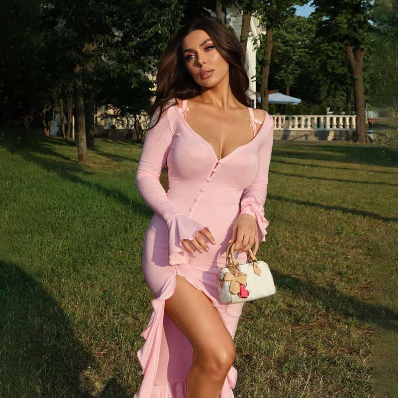 V-neck Flared Sleeves Ruffled Split Dress