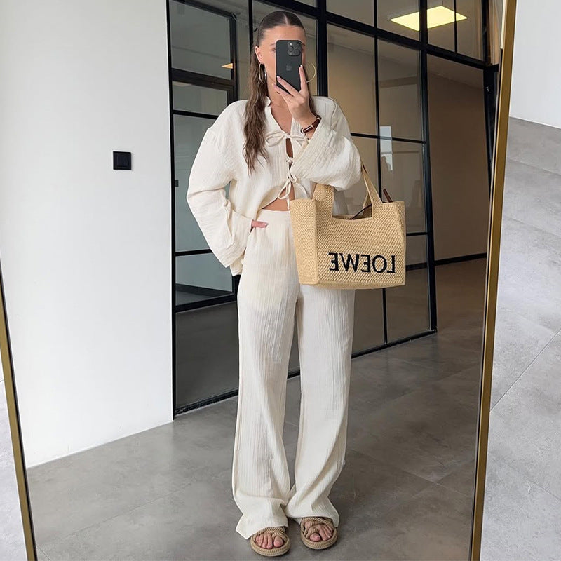 SoftGrace Set – Bow-Tied Shirt & Wide-Leg Trousers Ensemble