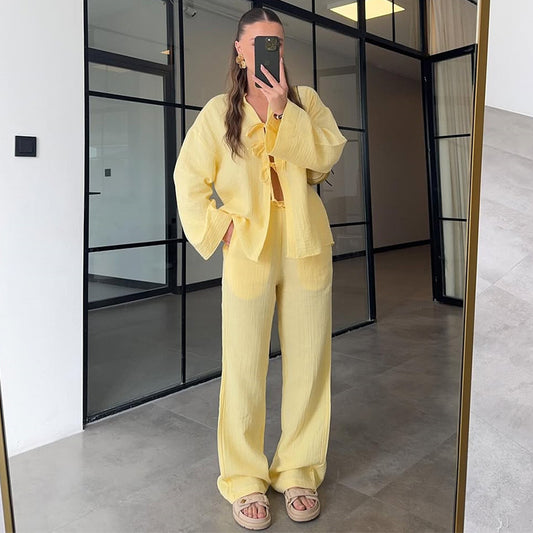 SoftGrace Set – Bow-Tied Shirt & Wide-Leg Trousers Ensemble