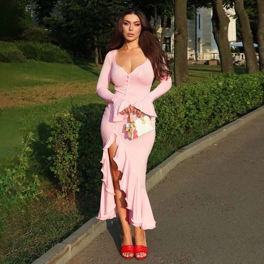 V-neck Flared Sleeves Ruffled Split Dress