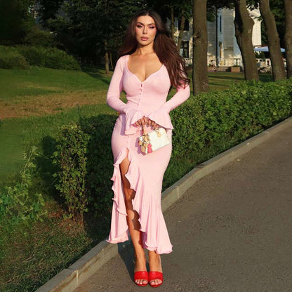 V-neck Flared Sleeves Ruffled Split Dress